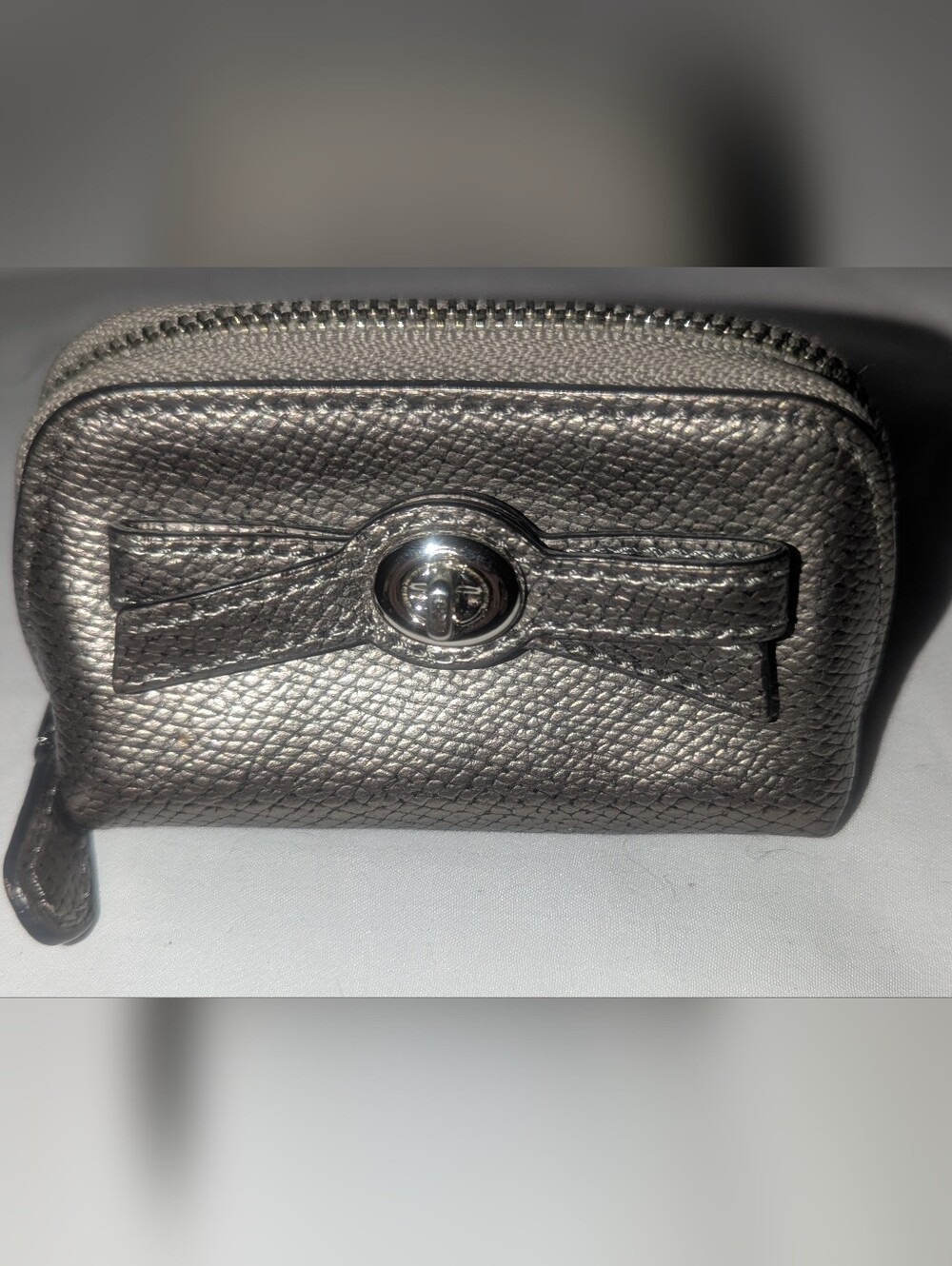 Coach Metallic Gunmetal Bow Mini Pouch Cosmetic Bag.F 64651